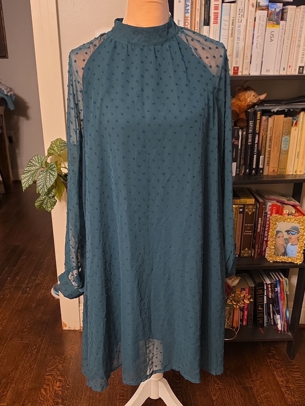 BBX Lephsnt Teal Swiss Dot Chiffon Shift Dress Sheer Long Sleeve Size Large